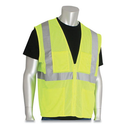 Ansi Class 2 Four Pocket Zipper Safety Vest, Polyester Mesh, X-large, Hi-viz Lime Yellow