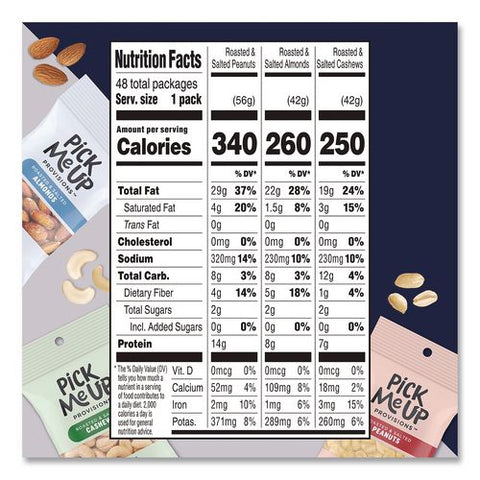 Roasted/salted Nut Variety Pack, (16) 1.5 Oz Pouches Of Almonds, (16) 1.5 Oz Pouches Of Cashews, (16) 2 Oz Pouches Of Peanuts