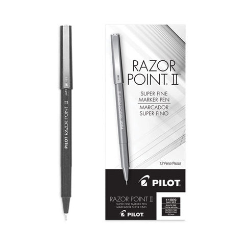 Razor Point Ii Super Fine Line Porous Point Pen, Stick, Ultra-fine 0.2 Mm, Black Ink, Black Barrel, Dozen