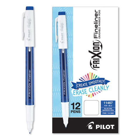 Frixion Fineliner Erasable Porous Point Pen, Stick, Fine 0.6 Mm, Blue Ink, Blue/white Barrel, Dozen