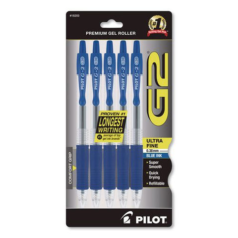 G2 Edge Premium Gel Pen, Retractable, Ultra Fine 0.38 Mm, Blue Ink, Clear/blue Barrel, 5/pack
