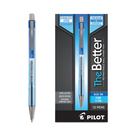 Better Ballpoint Pen, Retractable, Fine 0.7 Mm, Blue Ink, Translucent Blue Barrel, Dozen