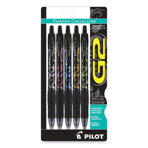 G2 Fashion Premium Gel Pen, Retractable, Fine 0.7 Mm, Black Ink, Assorted Barrel Colors, 5/pack