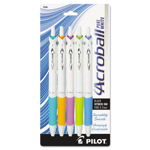 Acroball Purewhite Advanced Ink Hybrid Gel Pen, Retractable, Fine 0.7 Mm, Black Ink, Assorted Barrel Colors, 5/pack