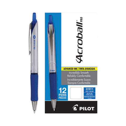 Acroball Pro Advanced Ink Hybrid Gel Pen, Retractable, Medium 1 Mm, Blue Ink, Silver/blue Barrel, Dozen