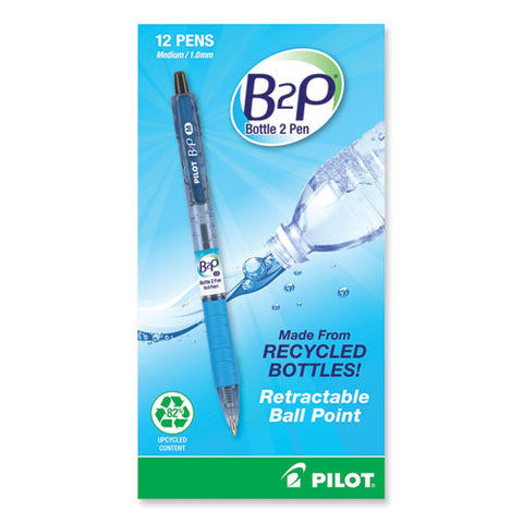 B2p Bottle-2-pen Recycled Ballpoint Pen, Retractable, Medium 1 Mm, Black Ink, Translucent Blue Barrel, Dozen