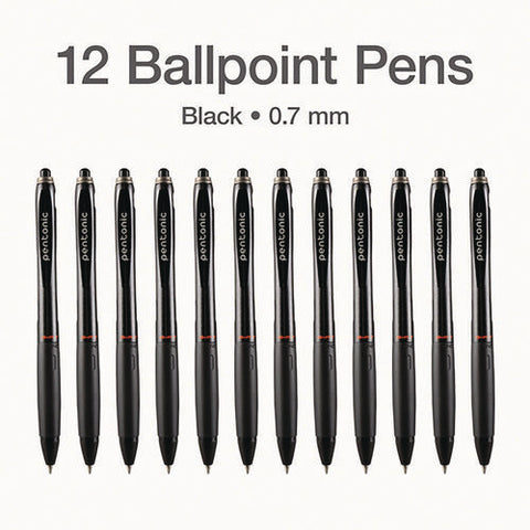 Pentonic Retractable Ballpoint Pen, Fine 0.7 Mm, Black Ink, Black Barrel, 12/pack