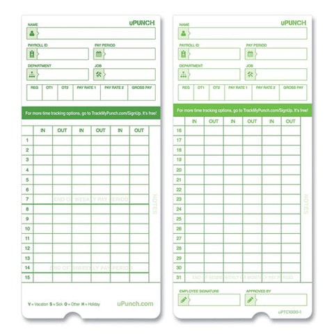 Time Clock Cards For Upunch Hn3000, Two Sides, 7.37 X 3.37, 50/pack