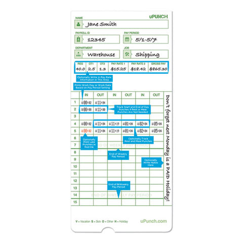 Time Clock Cards For Upunch Hn1000/hn3000/hn3600, Two Sides, 7.5 X 3.5, 100/pack