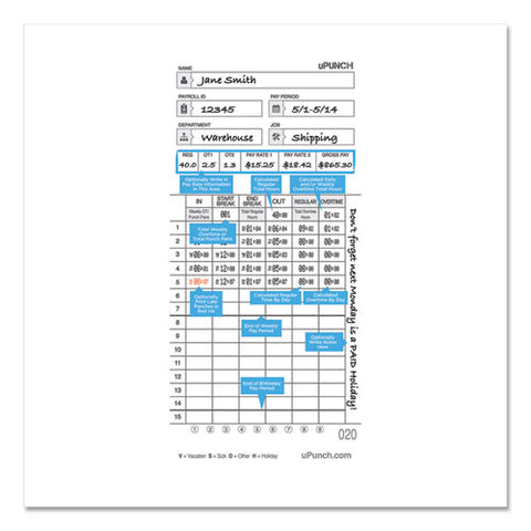 Time Clock Cards For Upunch Hn4000, Two Sides, 7.37 X 3.37, 50/pack