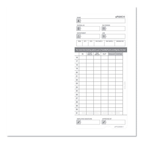 Time Clock Cards For Upunch Hn2000/hn4000/hn4600, Two Sides, 7.5 X 3.5, 100/pack