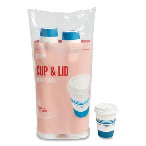 Paper Hot Cup And Plastic Dome Lid Combo, 12 Oz, White/blue, 50/pack