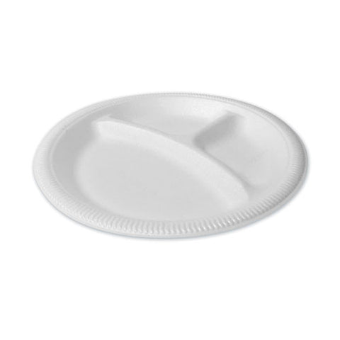 Foam Dinnerware, 3-compartment Plate, 9" Dia, White, 125/sleeve, 4 Sleeves/bag, 1 Bag/pack