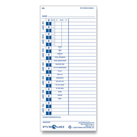 Time Clock Cards For Pyramid Technologies 3000, One Side, 4 X 9, 100/pack