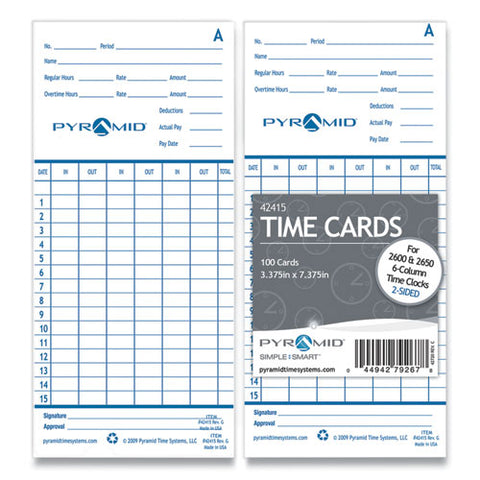 Time Clock Cards For Pyramid Technologies 2000/6000, Two Sides, 3.38 X 7.44, 100/pack