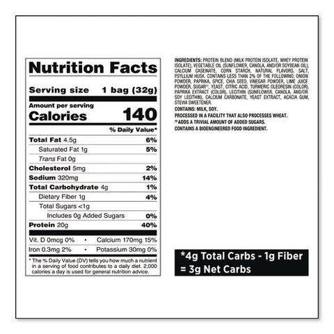 Chili Lime Tortilla Style Protein Chips, 1.1 Oz Bag, 8/carton