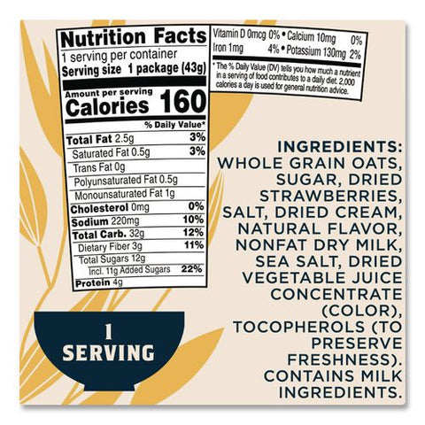 Instant Oatmeal, Strawberries And Cream, 1.51 Oz Cup, 12/carton