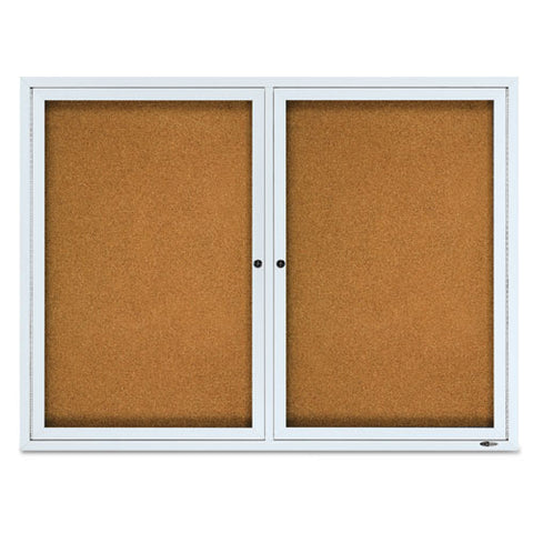 Enclosed Outdoors Bulletin Board With Two Doors, 48" X 36", Tan Surface, Anodized Aluminum Frame