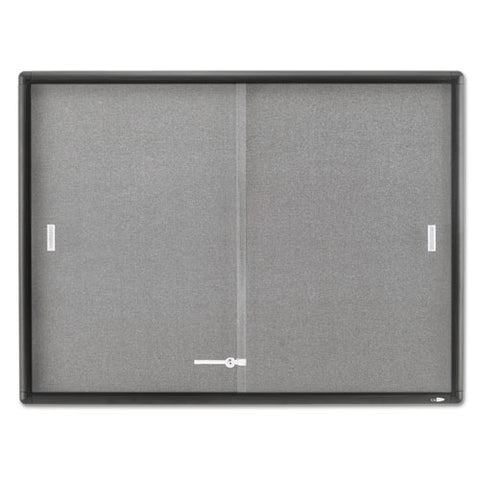 Enclosed Indoor Cork/fabric Bulletin Board With 2 Sliding Glass Doors, 48" X 36", Gray Surface, Graphite Gray Aluminum Frame