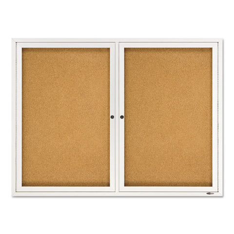 Enclosed Indoor Cork Bulletin Board With Two Hinged Doors, 48" X 36", Tan Surface, Satin Aluminum Frame