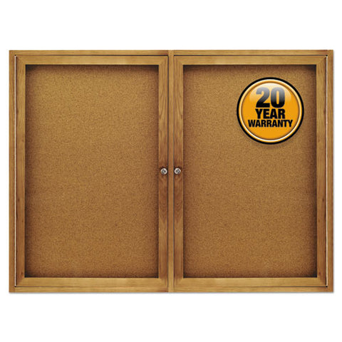 Enclosed Indoor Cork Bulletin Board With Three Hinged Doors, 72" X 36", Tan Surface, Satin Aluminum Frame