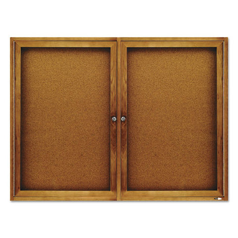 Enclosed Indoor Cork Bulletin Board With Two Hinged Doors, 48" X 36", Tan Surface, Oak Finished Fiberboard (mdf) Frame