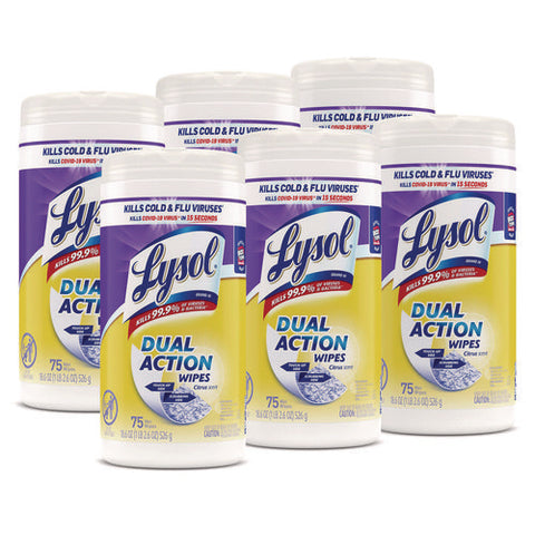 Dual Action Disinfecting Wipes, 1-ply, 7 X 7.5, Citrus, White/purple, 75/canister, 6 Canisters/carton