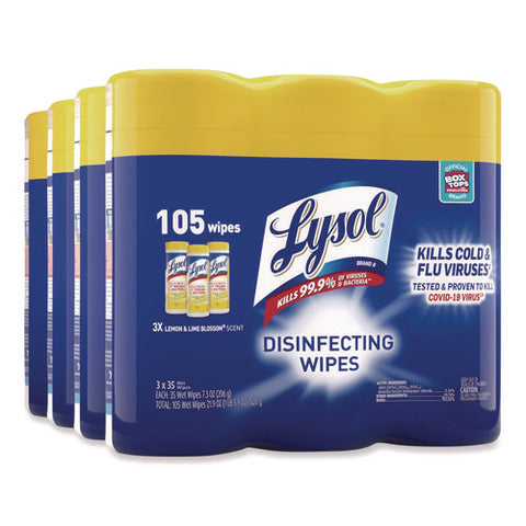 Disinfecting Wipes, 1-ply, 7 X 7.25, Lemon And Lime Blossom, White, 35 Wipes/canister, 3 Canisters/pack, 4 Packs/carton