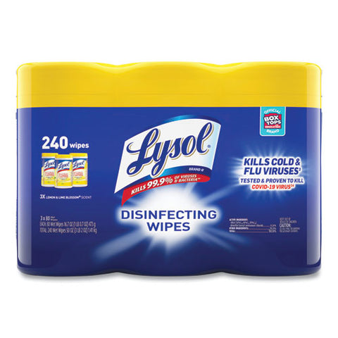 Disinfecting Wipes, 1-ply, 7 X 7.25, Lemon And Lime Blossom, White, 80 Wipes/canister, 3 Canisters/pack, 2 Packs/carton