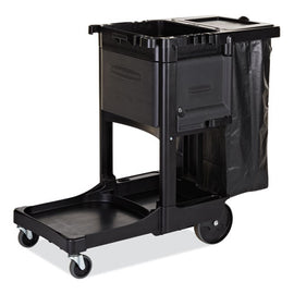 Executive Janitorial Cleaning Cart, Plastic, 4 Shelves, 1 Bin, 12.1" X 22.4" X 23", Black