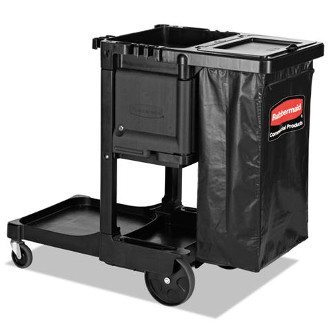 Executive Janitorial Cleaning Cart, Plastic, 4 Shelves, 1 Bin, 12.1" X 22.4" X 23", Black