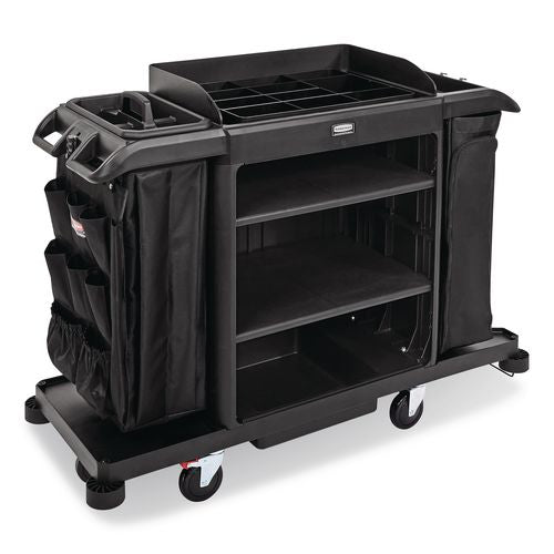 Full Size Housekeeping Cart With Accessory Bundle, Resin, 3 Shelves, 2 Bins, 24.4 X 62.4 X 49, Black