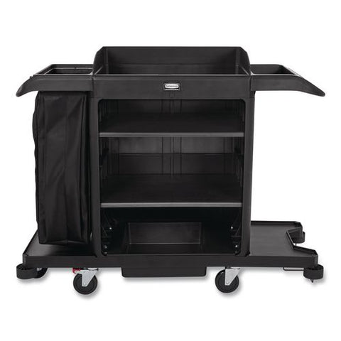 Full-size Housekeeping Cart, Plastic, 3 Shelves, 1 Bin, 24.4 X 62.4 X 49, Black