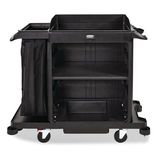 Compact Housekeeping Cart?, Plastic, 3 Shelves 1 Bin, 23 X 53.12 X 19.1, Black