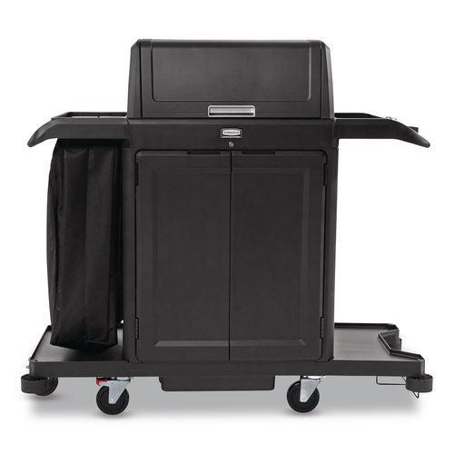 Housekeeping Cart With Hood And Doors, Plastic, 4 Shelves,1 Bin, 24.4 X 62.4 X 56.9, Black