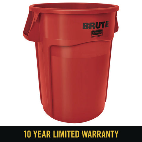 Vented Round Brute Container, 44 Gal, Plastic, Red, 4/carton