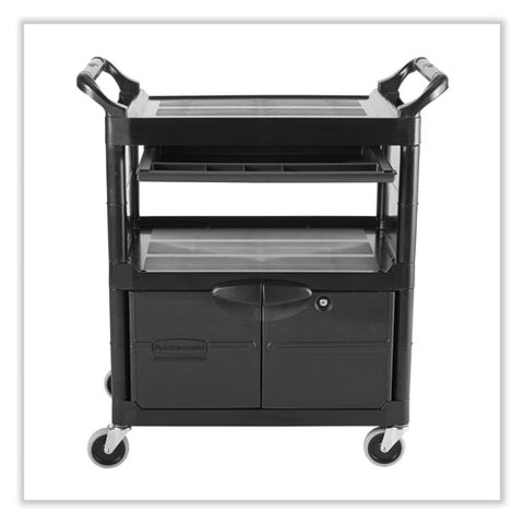 Utility Cart With Locking Doors, Plastic, 3 Shelves, 200 Lb Capacity, 33.63" X 18.63" X 37.75", Black