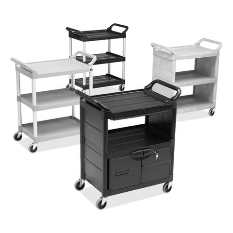 Utility Cart With Locking Doors, Plastic, 3 Shelves, 200 Lb Capacity, 33.63" X 18.63" X 37.75", Black