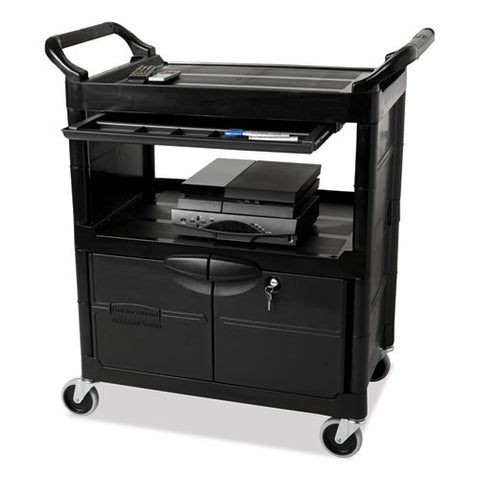 Utility Cart With Locking Doors, Plastic, 3 Shelves, 200 Lb Capacity, 33.63" X 18.63" X 37.75", Black