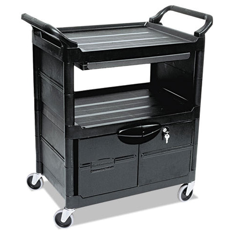 Utility Cart With Locking Doors, Plastic, 3 Shelves, 200 Lb Capacity, 33.63" X 18.63" X 37.75", Black