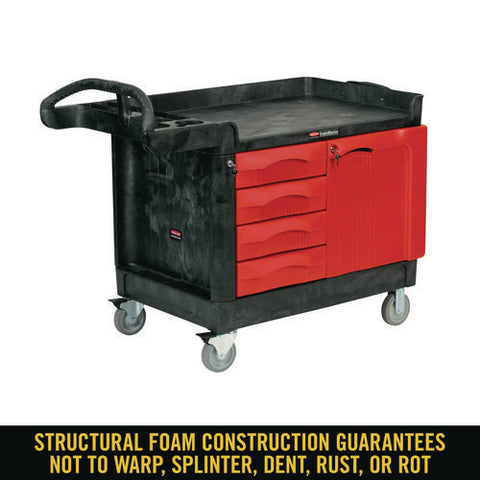 Trademaster Cart With One Door, Plastic, 3 Shelves, 4 Drawers, 750 Lb Capacity, 26.25" X 49" X 38", Black