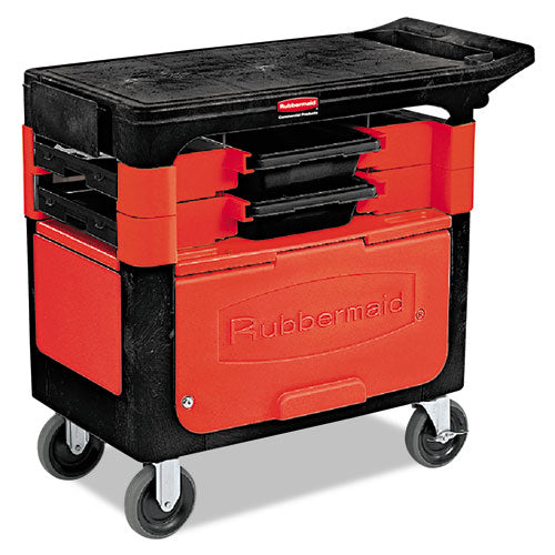 Trades Cart With Locking Storage Area, Plastic, 2 Shelves, 2 Drawers, 330 Lb Capacity, 19.25" X 38" X 33.38", Black