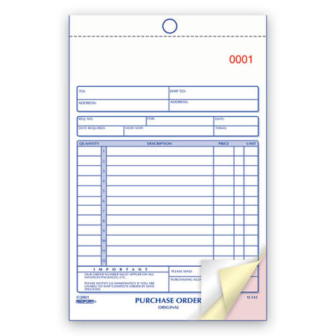 Purchase Order Book, 12 Lines, Three-part Carbonless, 5.5 X 7.88, 50 Forms Total