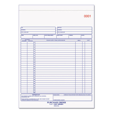 Purchase Order Book, 17 Lines, Three-part Carbonless, 8.5 X 11, 50 Forms Total