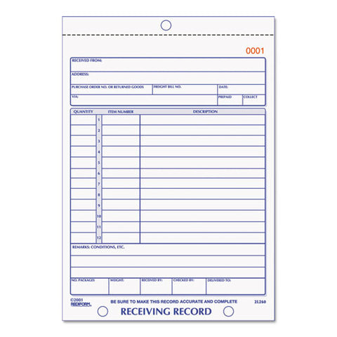 Receiving Record Book, Three-part Carbonless, 5.56 X 7.94, 50 Forms Total