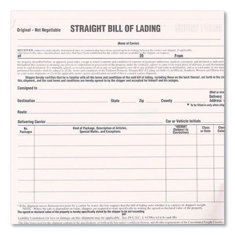 Snap-a-way Bill Of Lading, Short Form, Three-part Carbonless, 7 X 8.5, 250 Forms Total