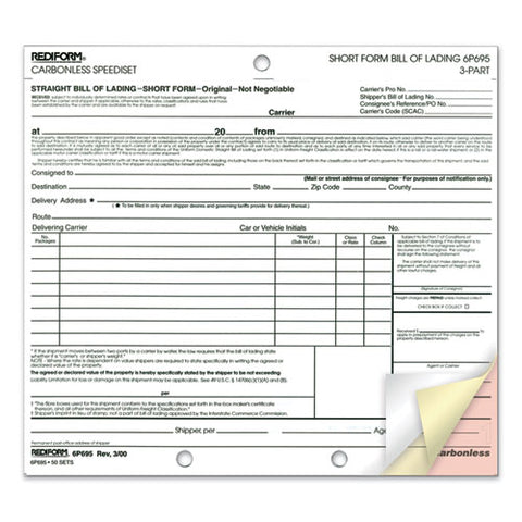 Speediset Bill Of Lading, Short Form, Three-part Carbonless, 7 X 8.5, 50 Forms Total