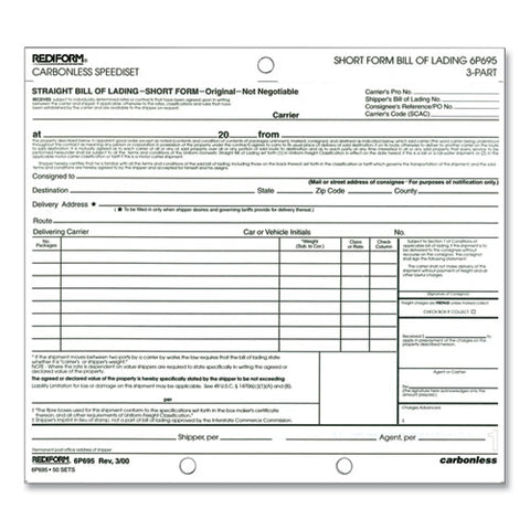 Speediset Bill Of Lading, Short Form, Three-part Carbonless, 7 X 8.5, 50 Forms Total