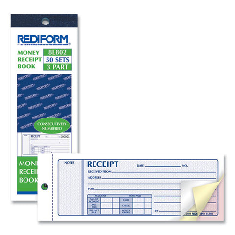 Receipt Book, Three-part Carbonless, 7 X 2.75, 4 Forms/sheet, 50 Forms Total