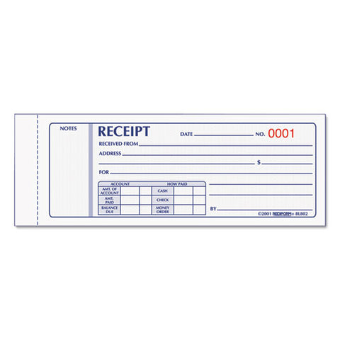 Receipt Book, Three-part Carbonless, 7 X 2.75, 4 Forms/sheet, 50 Forms Total